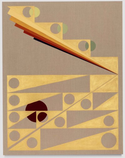 Gold geometric patterns—stacked triangles with circles cut out—form a diagonal composition