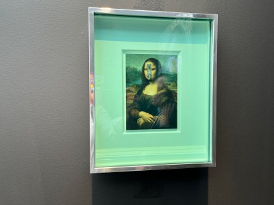 An image of the Mona Lisa with a zipper on top inside a glass frame.