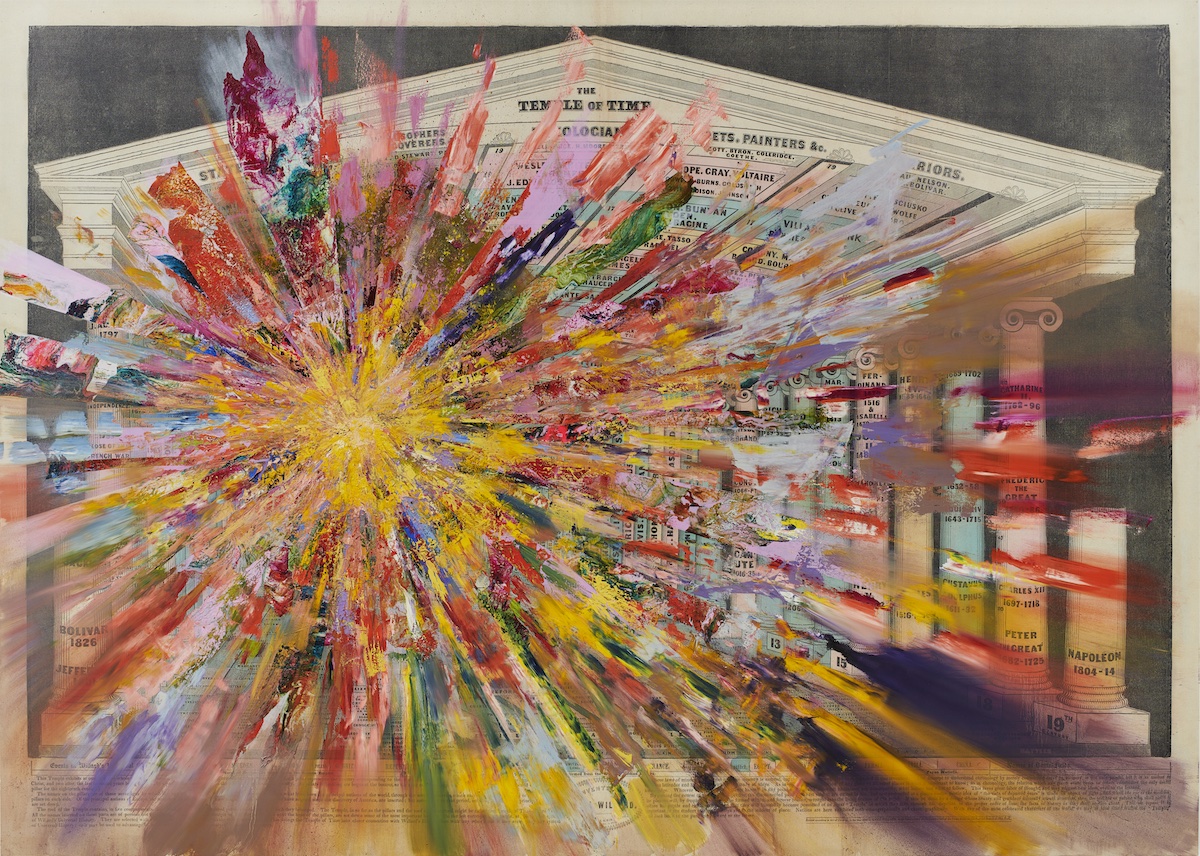 A temple whose architecture is covered in words interrupted by a large, multicolored blast.