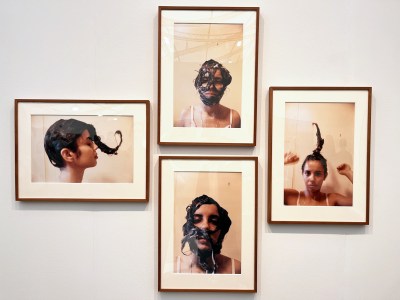 Four photographs of a Latina woman with her hair sculpted in various ways.