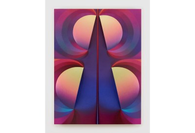 Loie Hollowell, Split Orbs in yellow, 2023 
orange, purple, red and blue
oil paint, acrylic medium, and high-density foam on linen over Dibond panel