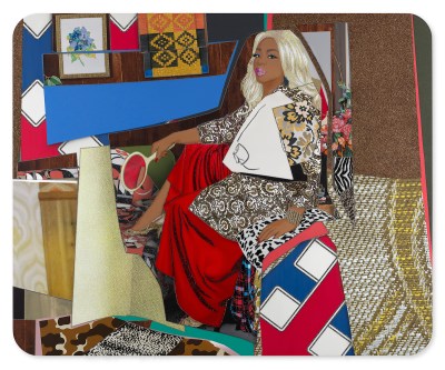 A collaged image of a Black woman holding a mirror.