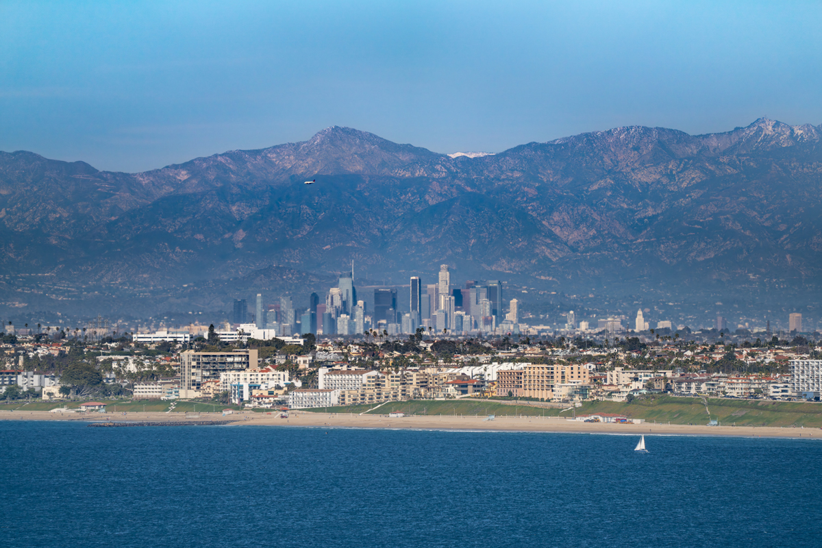 LOS ANGELES, CA - FEBRUARY 11: View of the downtown Los Angeles skyline from the coast after a recent winter storm system passes on February 11, 2024 in Los Angeles, California. (Photo by AaronP/Bauer-Griffin/GC Images)