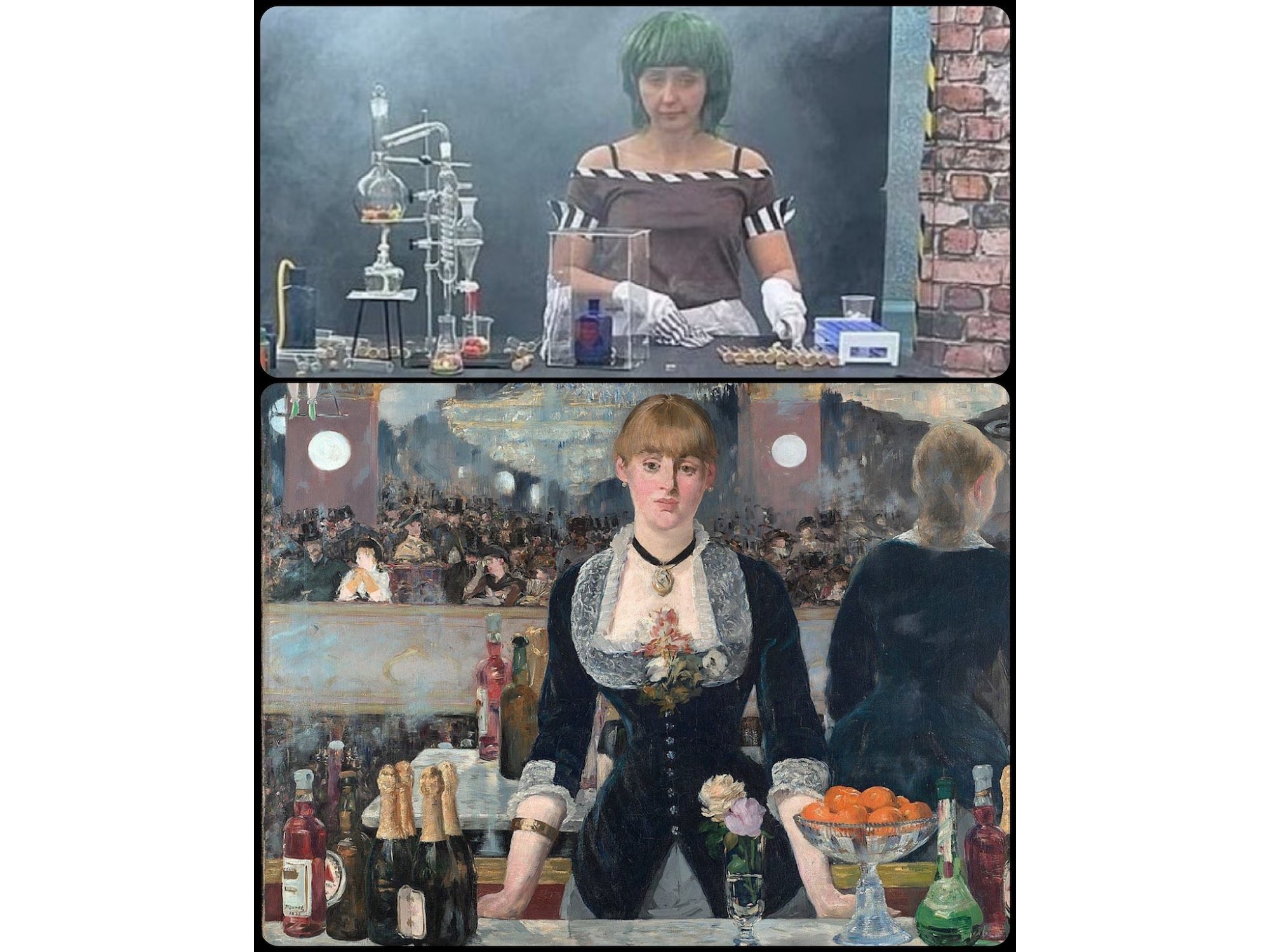 A diptych showing a woman with green hair at a chemistry table above a painting of a woman at a bar.