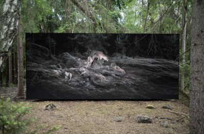 A screen showing ghostly computer-generated forms that is set within a forest.