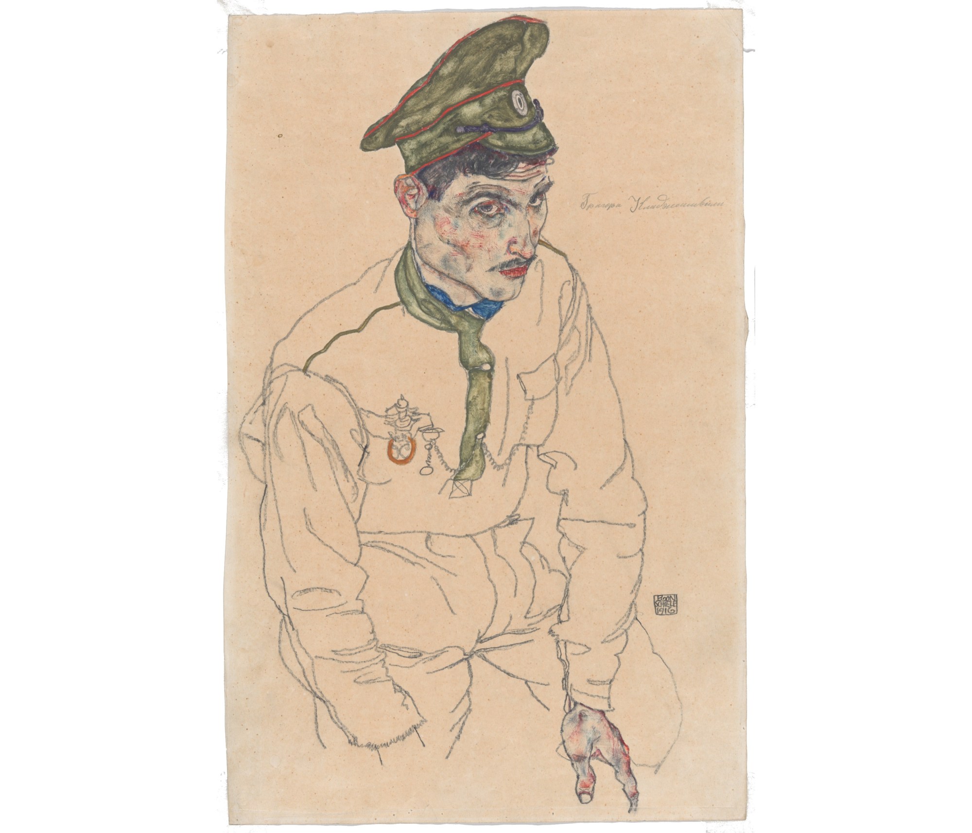 Egon Schiele's “Russian War Prisoner” (1916), an
opaque watercolor, over graphite, on cream wove paper. It was recently seized from the Art Institute of Chicago.