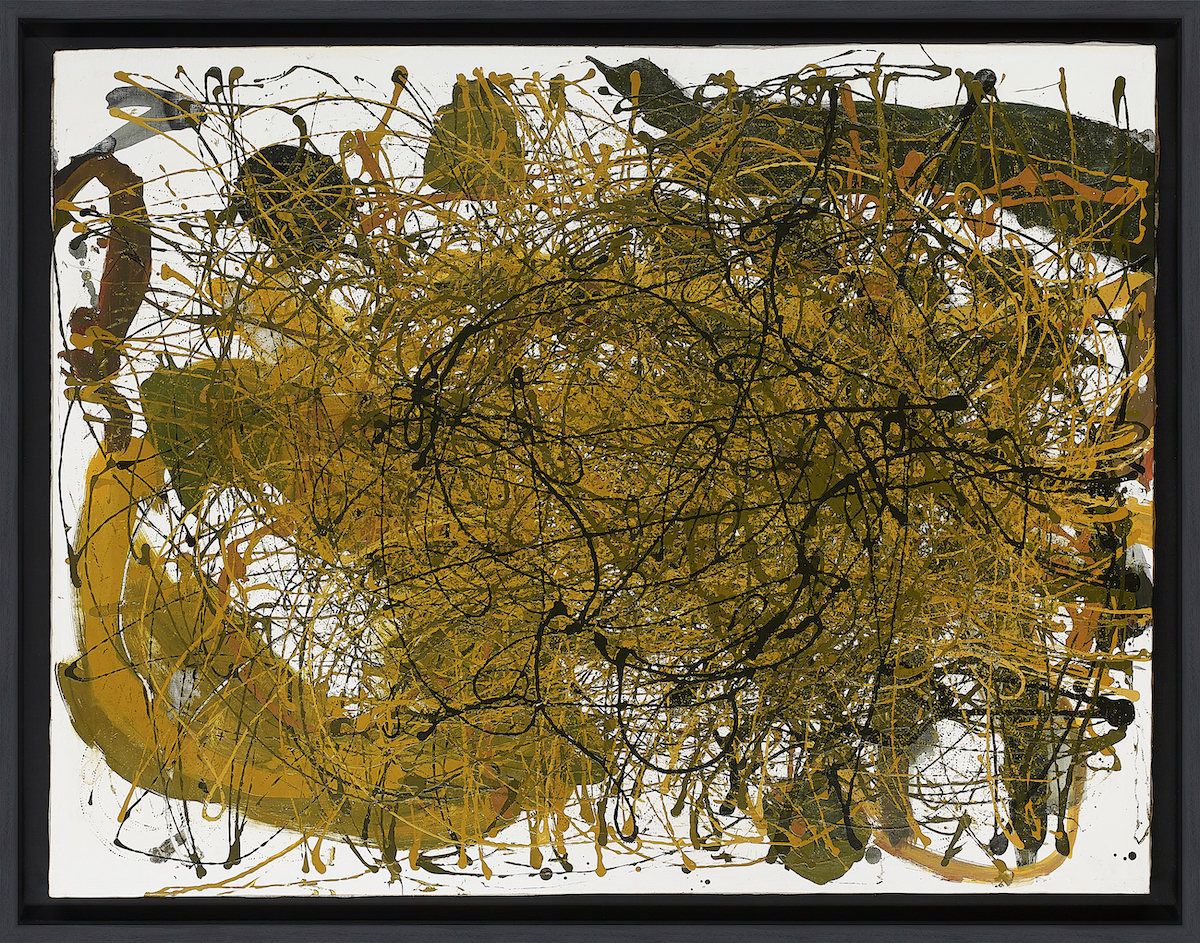 An abstract painting composed of mustard- and black-colored drizzles set against a white background.