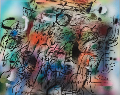 An abstract painting composed of black lines that float amid a multihued background.