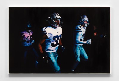 Sam McKinniss' painting "Three Cowboys (Randall Cobb, Byron Jones, Jeff Heath)", 2023
oil and acrylic on linen
56 x 86 1/8 x 1 1/4 inches
(142.1 x 218.6 x 3.2 cm)